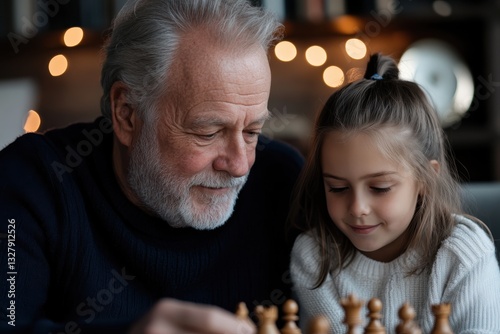 An elderly man with a beard plays chess with a young girl, both smiling, creating a warm atmosphere filled with love and family connection in a cozy environment.