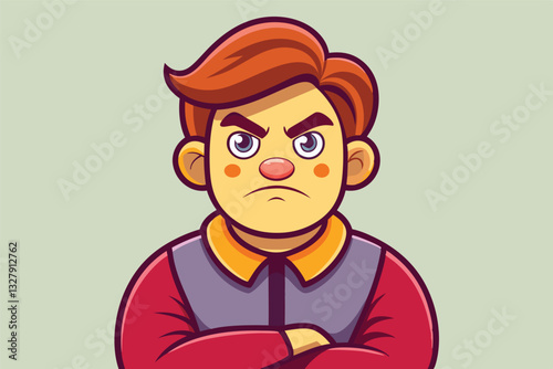 Stylized vector illustration of a young man with an angry expression, showcasing crossed arms and a determined gaze in a minimalist background