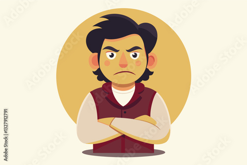 Stylized vector illustration of a young man with an angry expression, showcasing crossed arms and a determined gaze in a minimalist background