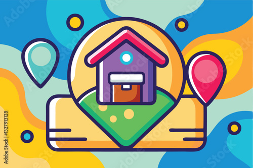 Colorful vector illustration of a house with location markers highlighting a residential area in a modern artistic style