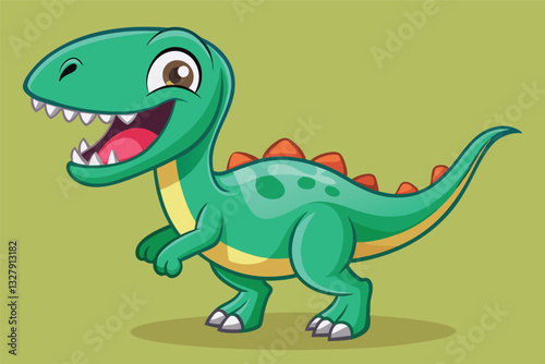Cute cartoon dinosaur character with a big smile on a light blue background in a playful pose showcasing vibrant colors and joyful expression