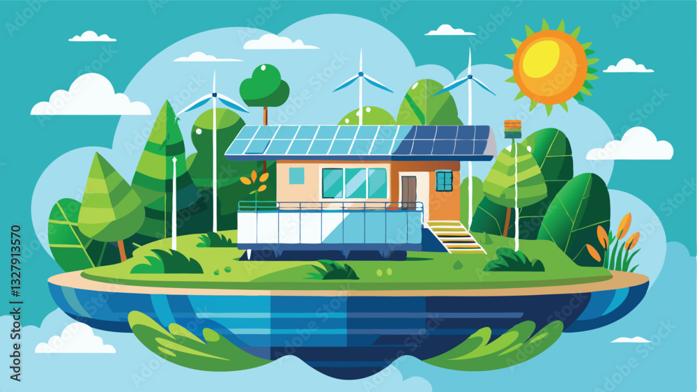 Fototapeta premium Illustration of a modern eco-friendly house surrounded by lush greenery and wind turbines on a sunny day above a serene body of water