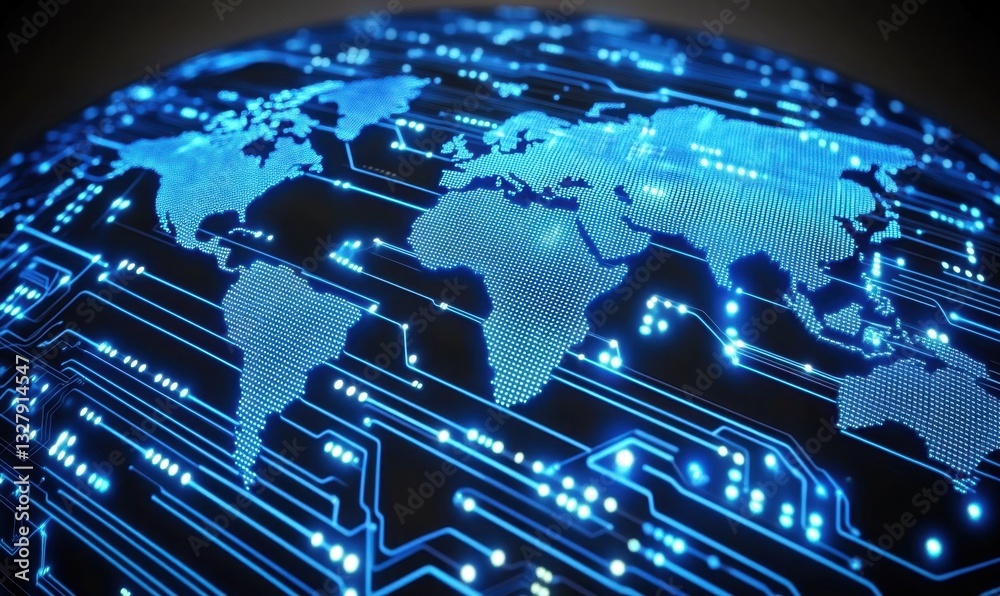 Digital technology and global network concept with a blue, glowing digital world map on a black background Earth globe cyber connection design Generative AI Digital technology and global network concept with a blue, glowing digital world map on a black background Earth globe cyber connection design Generative AI