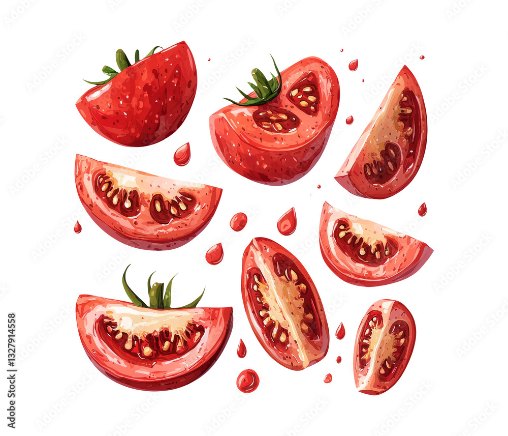 Freshly Sliced Juicy Ripe Tomatoes on a Dark Background Illustration Freshly Sliced Juicy Ripe Tomatoes on a Dark Background Illustration
