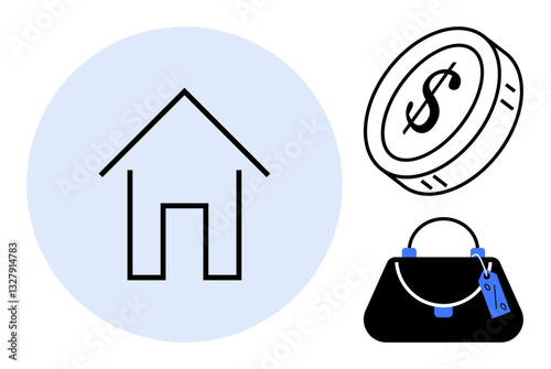 House icon within blue circle, dollar coin with money sign, and handbag with price tag. Ideal for real estate, finance, business, investments, property management home buying financial planning. An