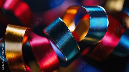 Colorful metallic ribbons are curled and intertwined in a swirl