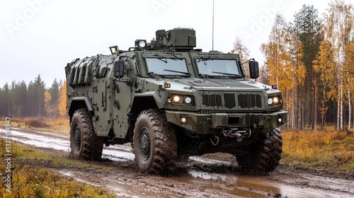 Patria 6x6 Armored Vehicle on a muddy road in autumnal forest