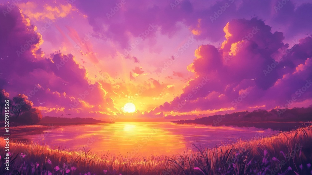 Obraz premium Vibrant Sunset Landscape with Purple Clouds and Golden Water