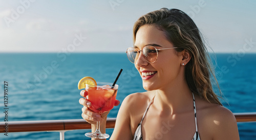 Happy woman in sunglasses enjoying tropical cocktail on cruise ship  
