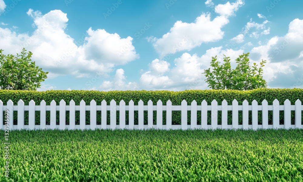 Fototapeta premium Lush Green Lawn with White Fence and Blue Sky Filled with Fluffy Clouds in a Serene Outdoor Landscape