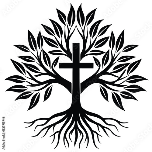 Christian Church Logo with Tree, Roots, and Leaves Forming Bold Cross – Clean Lines and Muted Colors