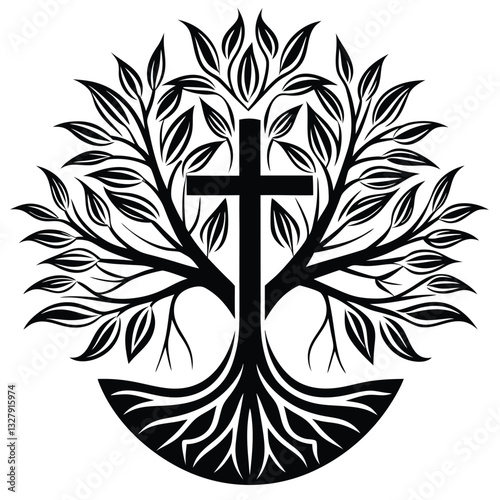 Christian Church Logo with Tree, Roots, and Leaves Forming Bold Cross – Clean Lines and Muted Colors