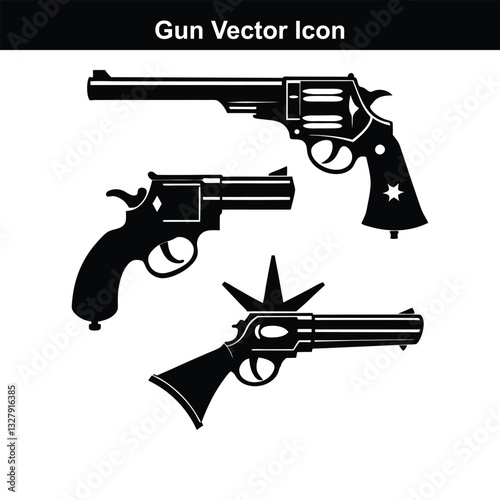 Black pistol with bullets isolated on white background