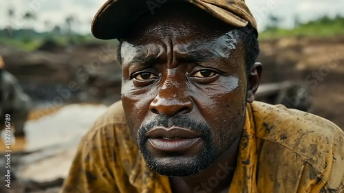 Close Up Portrait of a Sweaty Man Working in a Mud Pit