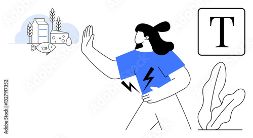 Woman raising hand toward allergens thumbs up fish, milk, wheat. Lightning bolt symbol for reaction. Ideal for health, nutrition, food awareness, allergy management, wellness self-care flat simple