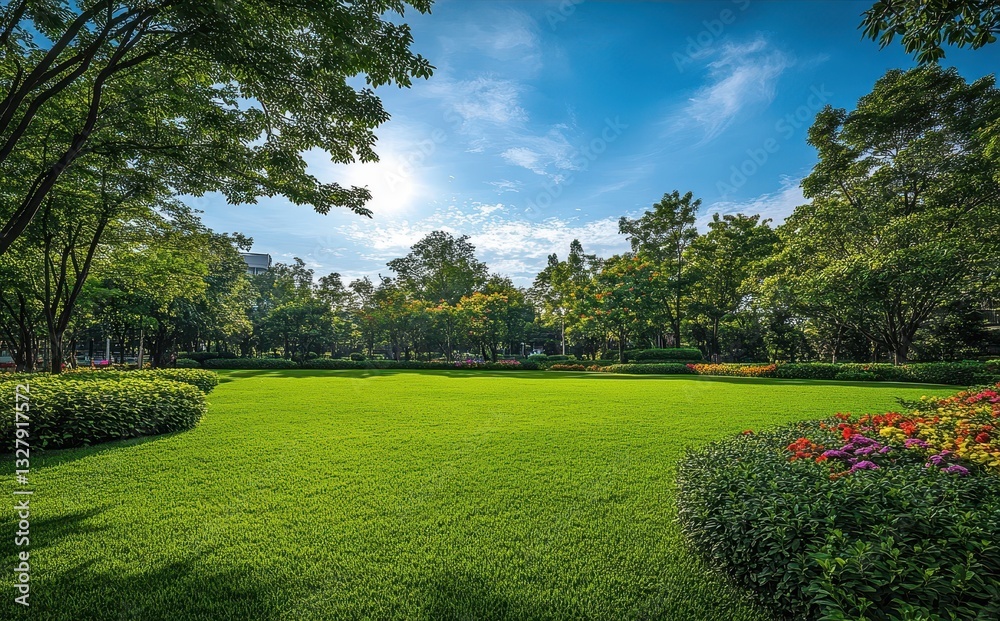 Fototapeta premium Lush Green Park Landscape with Vibrant Flowers Under a Bright Blue Sky and Soft White Clouds on a Sunny Day in an Urban Environment