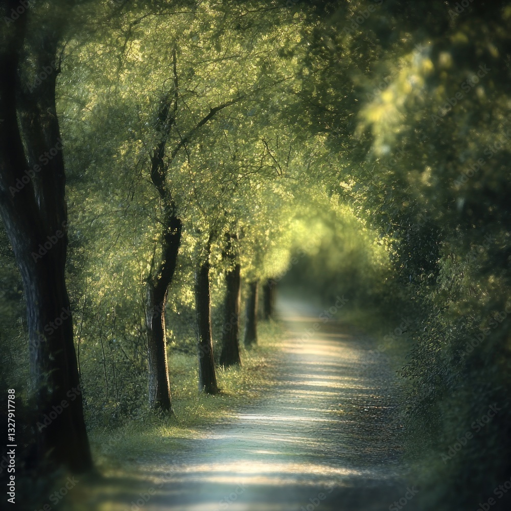 Obraz premium Sunlit Path Through a Verdant Forest Canopy