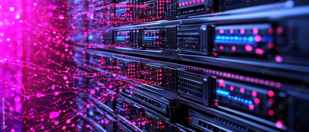Fototapeta premium Data Stream: Server Rack with vibrant network visualization