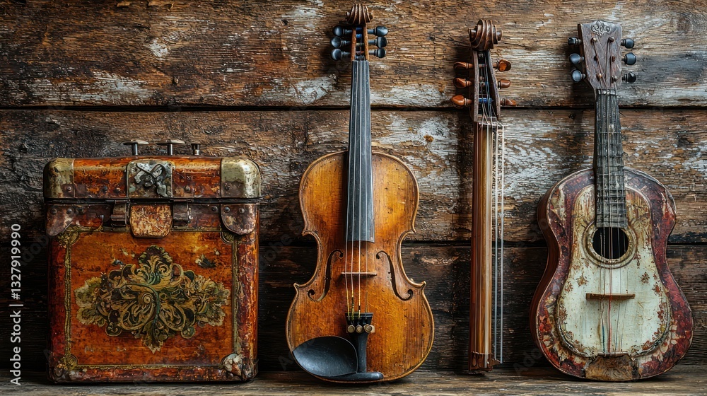 Naklejka premium Antique violin, guitar, and mandolin with vintage chest on rustic wood.