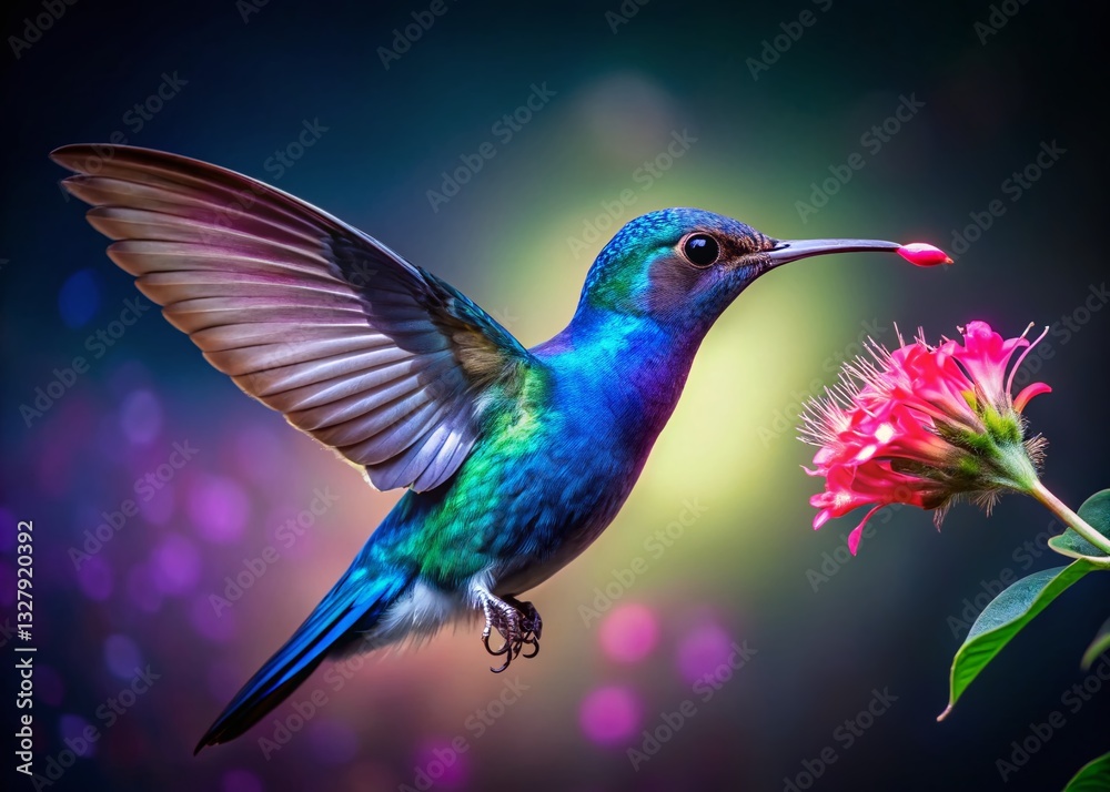 Fototapeta premium Low Light Hummingbird Feeding on Pink Flower - Vibrant Nature Stock Photo