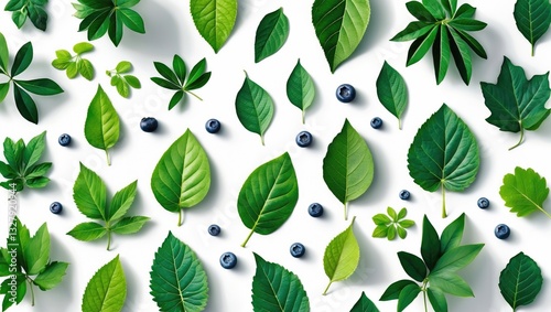 Blueberry fruit and leaf collection isolated on a white backdrop. photo