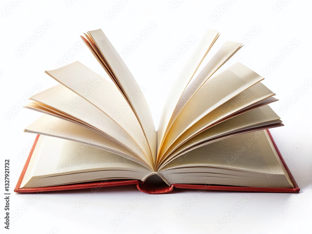 Fototapeta premium Low Light Photography: Open Hardcover Book with Blank Pages, Isolated on White Background