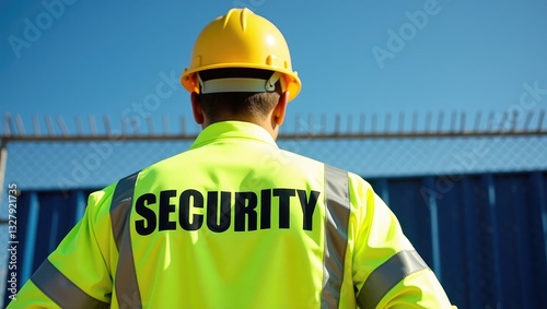 Security guard situated behind metal fencing.