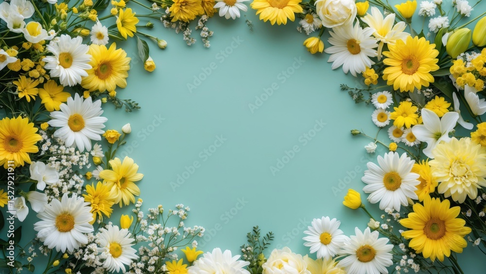 Obraz premium Composition of beautiful yellow and white flowers on a blue background, viewed from above, flat lay.