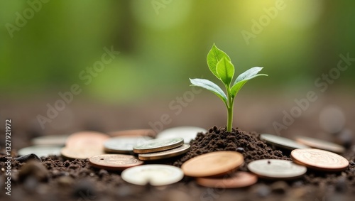 Sapling emerging from coins
