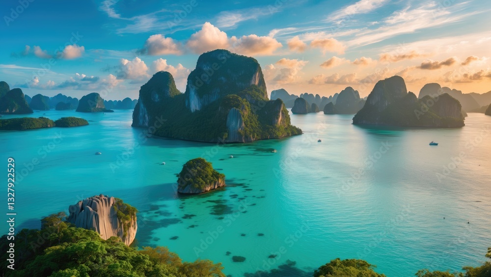 Fototapeta premium Exquisite nature, sunset scenery of a tropical island and bay in turquoise waters, aerial perspective. Travel journey concept.