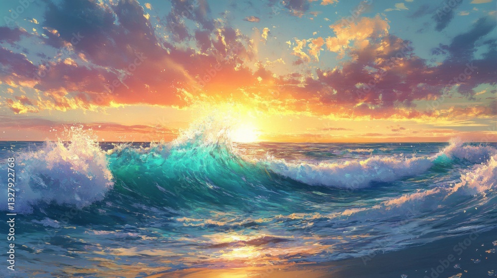 Fototapeta premium Vibrant Ocean Sunset with Teal Waves