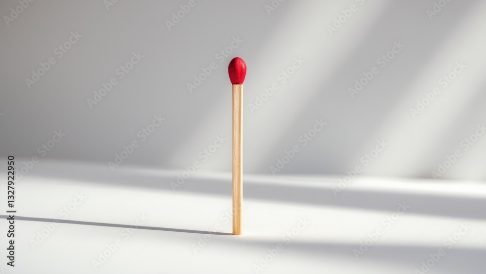 Single red matchstick positioned against a white background. Single red matchstick positioned against a white background.