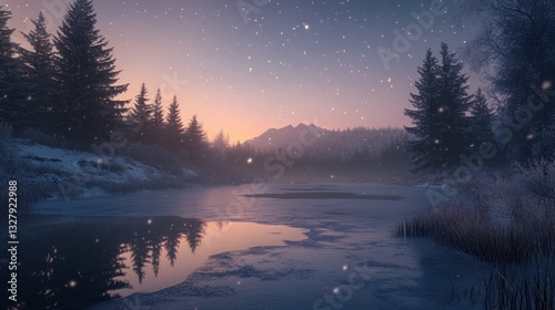 Serene winter landscape featuring frozen lake and starry twilight sky