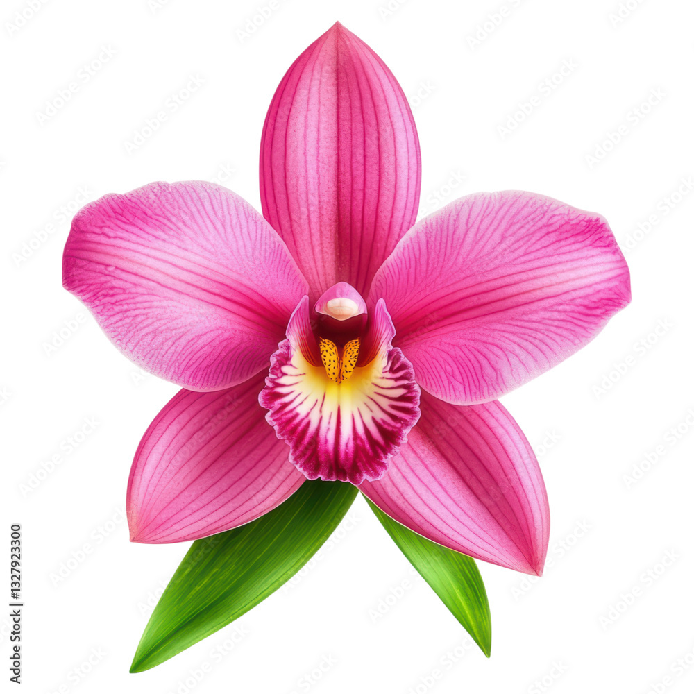 Fototapeta premium Beautiful Rare Tropical Wild Orchid Flower with Vibrant Pink Petals and Green Leaves, isolated on transparent background.