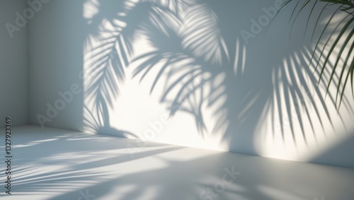 Shadow of palm leaves on a white backdrop