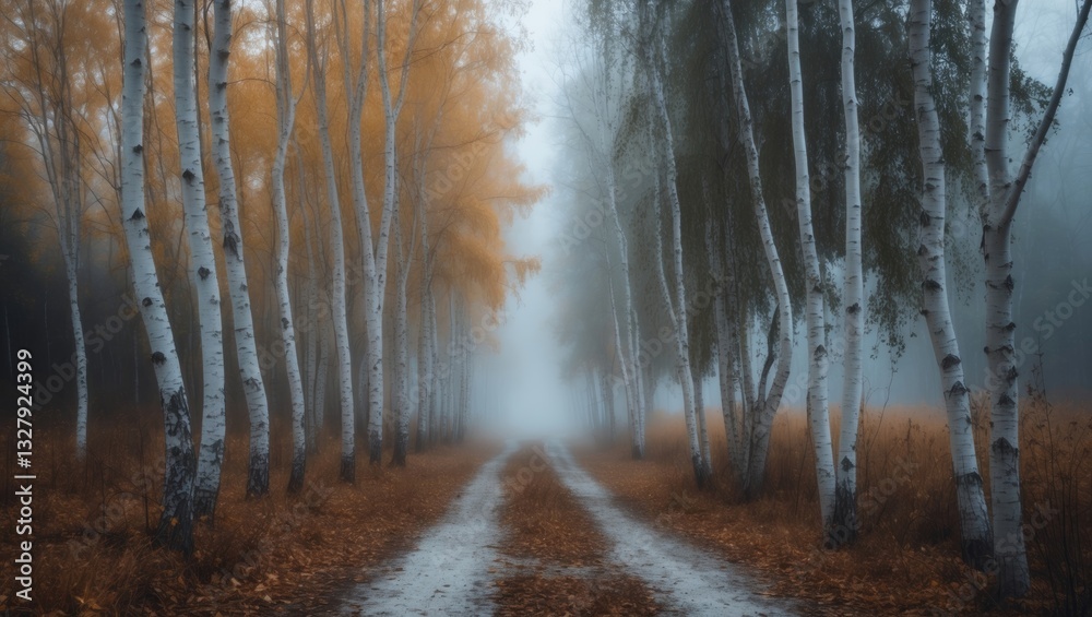 Fototapeta premium A picturesque view featuring birches in a yellow autumn birch forest amidst other birches in a birch grove shrouded in fog.