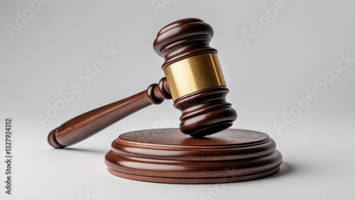 Judge's gavel hammer for adjudication set against a plain background. Wooden auction hammer paired with a wooden stand. Law and justice theme.