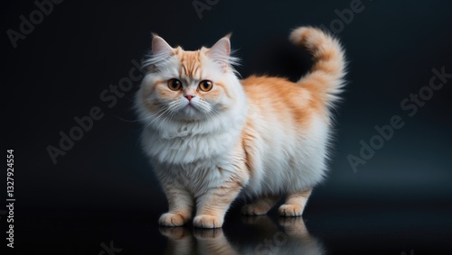 Young Scottish Fold breed cat standing on a black background. Not isolated.