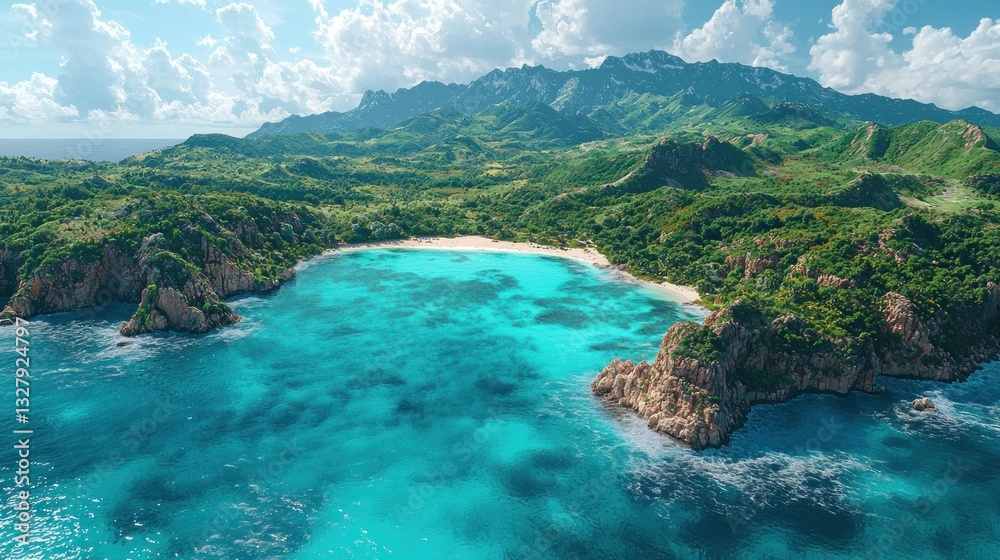 Secluded tropical beach cove with turquoise water and lush green mountains. Secluded tropical beach cove with turquoise water and lush green mountains.
