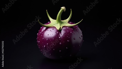 Genetically modified purple tomato enriched with lycopene and anthocyanins, shimmering with water droplets set against a backdrop, blending science and aesthetics.
