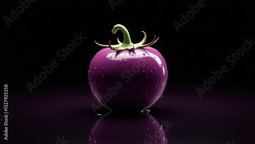 Genetically modified purple tomato enhanced with lycopene and anthocyanins, shimmering with water droplets against a backdrop, blending science and beauty.