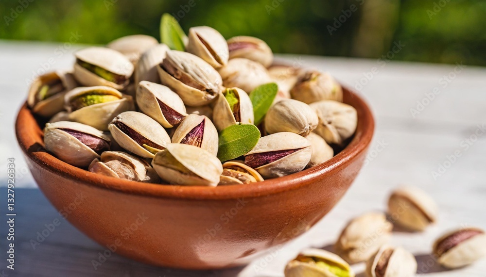 Pistachio Nuts in Terracotta Bowl – Sunlit Snack Photography for Mediterranean Diet Promotion Pistachio Nuts in Terracotta Bowl – Sunlit Snack Photography for Mediterranean Diet Promotion