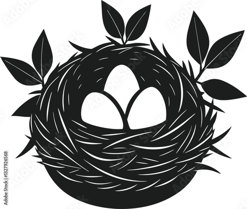 Elegant Bird Nest with Three Eggs – Spring and Nature Silhouette Vector