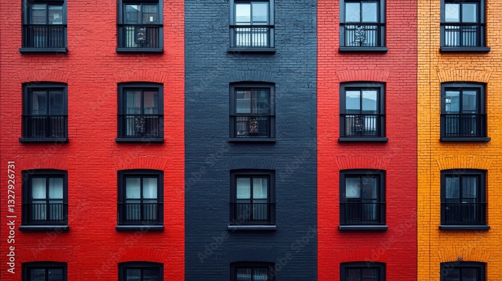 Colorful brick building facade with multiple windows. Colorful brick building facade with multiple windows.
