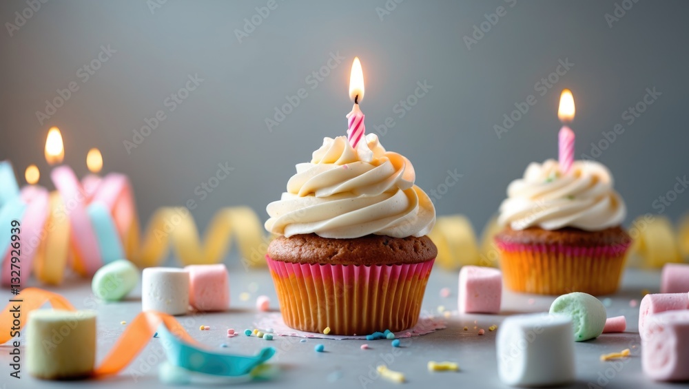 Tasty birthday cupcake with lit candle, marshmallows and streamer in background, space for text Tasty birthday cupcake with lit candle, marshmallows and streamer in background, space for text