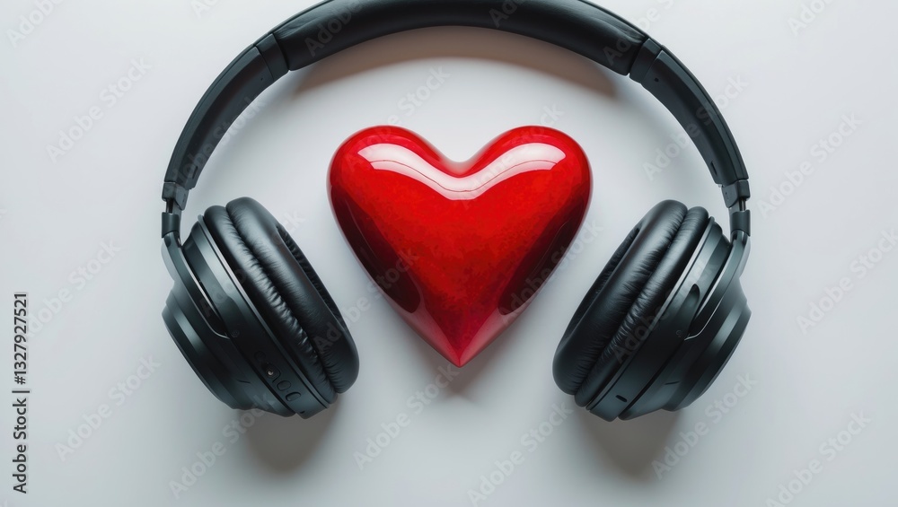 Decorative heart and contemporary headphones on a surface, overhead view Decorative heart and contemporary headphones on a surface, overhead view