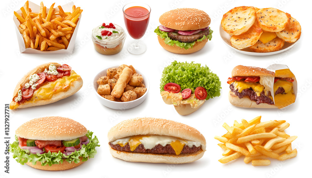 Collage with different tasty fast food on white background Collage with different tasty fast food on white background