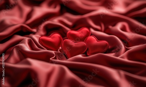 Red hearts on satin for Valentine's Day romance background