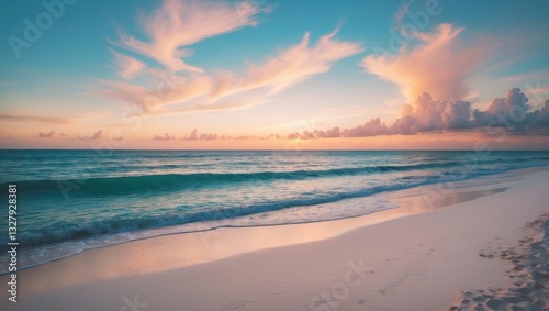 Closeup beach view depicting peace. Serene natural landscape. Inspiring tropical seaside seascape with wave horizon. Soft golden sunset over sea, sand, and sky. Calm, relaxing summer vacation backd...