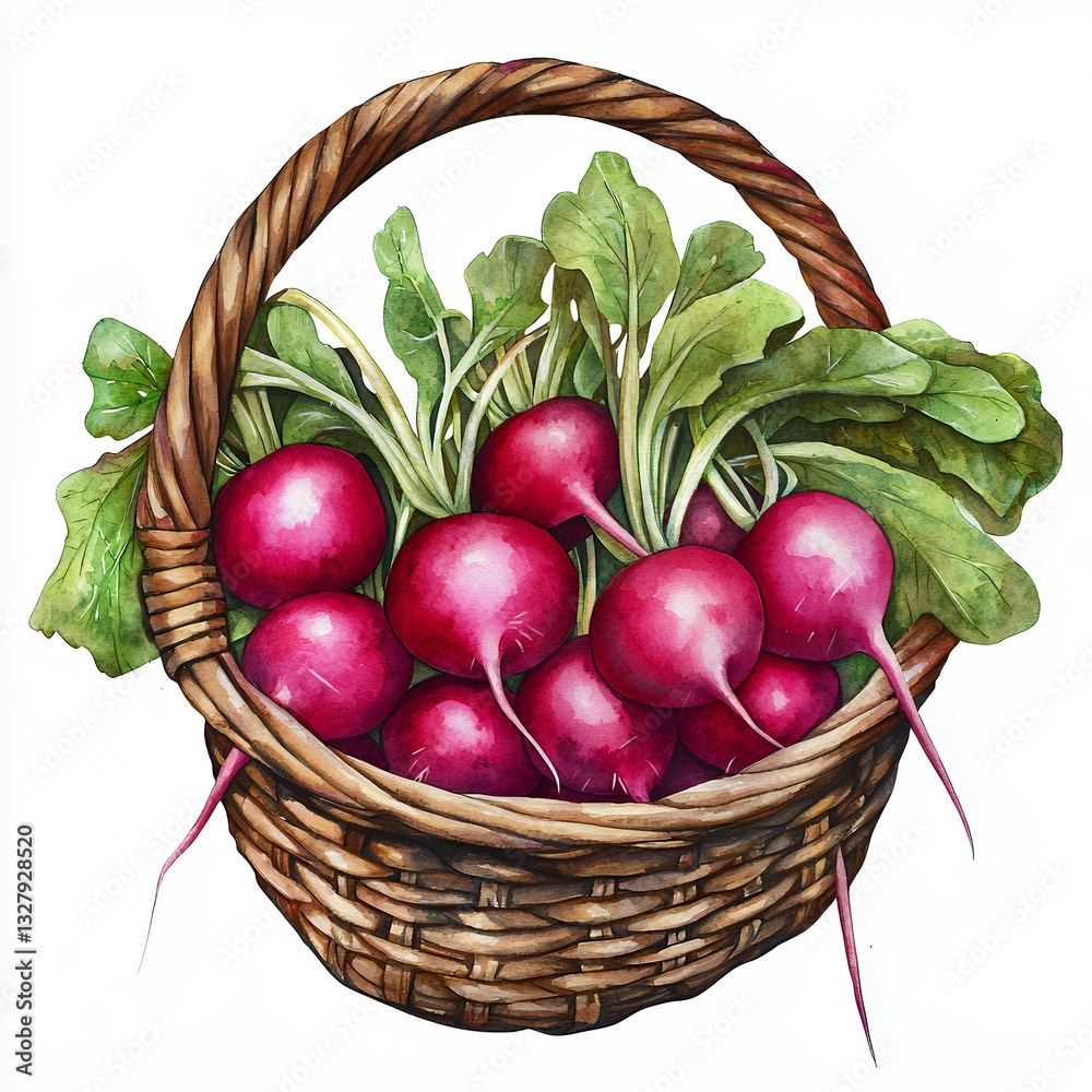 Watercolor Painting of Red Radishes in a Brown Wicker Basket Watercolor Painting of Red Radishes in a Brown Wicker Basket